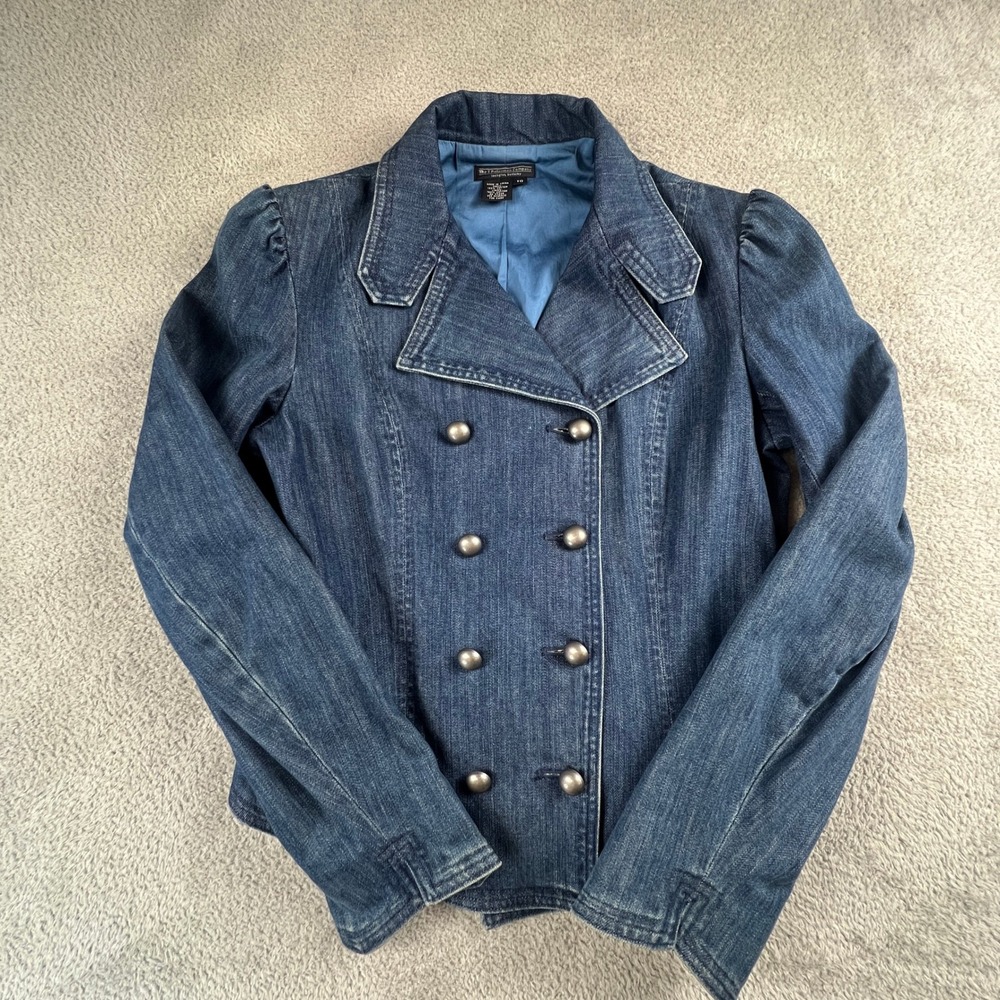 Vintage‎ Denim Military Jacket NapoleonJacket Size 10 Double Breasted Y2K